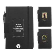 DISCOUNT PROMOS Custom Executive Notebooks with Pen Pack of 10/50/100 Personalized Text, Logo - 6 x 8.5 inches, Recycled, Pen Loop, Closure Strap - Black