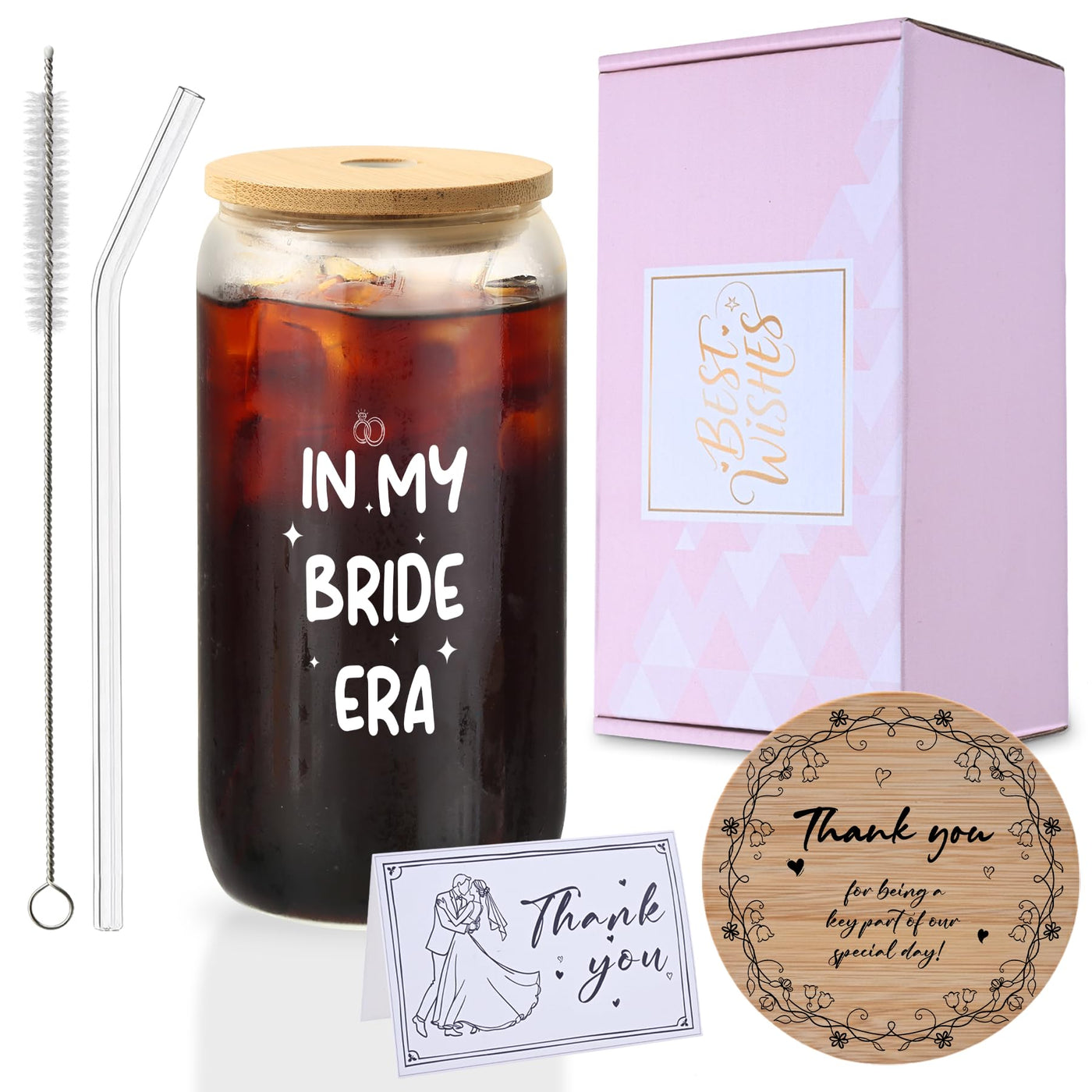 Mr. & Mrs. Glass Tumbler Set, 16oz Glass Cups with Bamboo Lids, Straws & Coasters, Bridal Shower & Wedding Thank You Gift for Couples