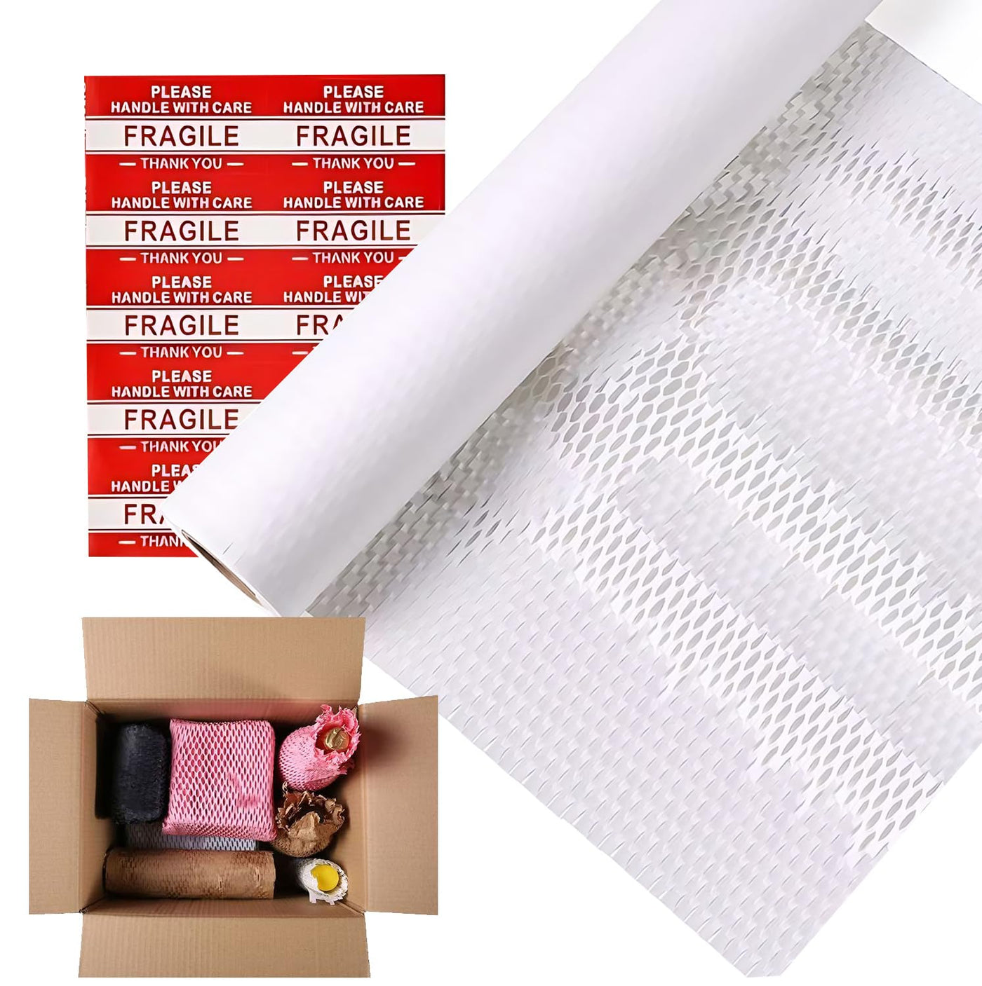 Honeycomb Packing Paper,12 inch x 200 ft Bubble Cushioning Wrap for Packing Moving,Products Gifts Wrapping Paper,Recyclable and Biodegradable Shipping Packing Materials with 20 Fragile Sticker Labels