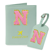 COSHAYSOO Purple Passport Cover Holder and Initial Luggage Tag Set TSA Approved with Personalized Monogram Chenille Letter Patch for Women Teen Girls, Cute Travel Bag Suitcase Identifier (A)