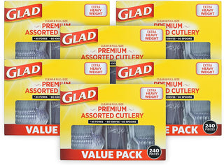 Glad Clear Disposable Cutlery Set with Heavy Duty Plastic Forks, Knives, and Spoons, Reusable Dishwasher Safe Plastic Utensils for Parties and Everyday Use, 240 Count
