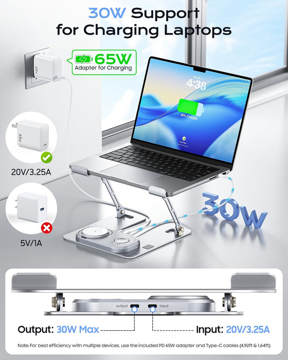 Meifigno Laptop Stand with Wireless Charging Station Base, Foldable Aluminum MacBook Holder with MagSafe Charger for iPhone/iWatch/AirPods, 30W USB-C Wired Charging for Laptop/iPad, with 65W Adapter - hover image