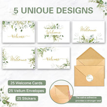 25 Pack 4x6In Welcome Cards for Guests, New Employees with Envelopes, 5 Elegant Green Leaf Designs Greeting Bulk Cards for Business, New Home, Wedding, Baby Shower, Hotels, Birthday
