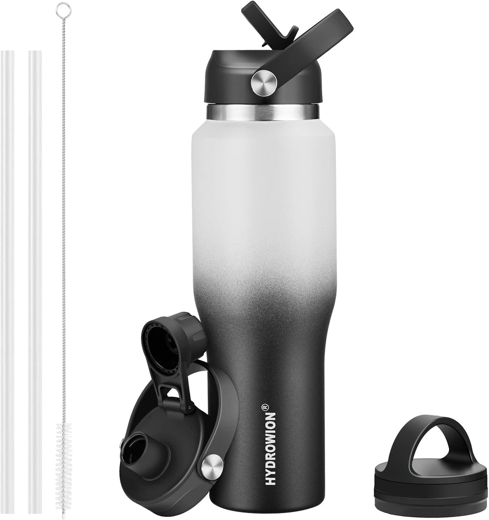 HYDROWION 32oz Stainless Steel Water Bottle(Cold for 48 Hrs, Hot for 24 Hrs), Double Wall Vacuum Insulated Water Flask with Straw Lid, Spout Lid and Flex Cap, Fit in Any Car Cup Holder, Cobalt