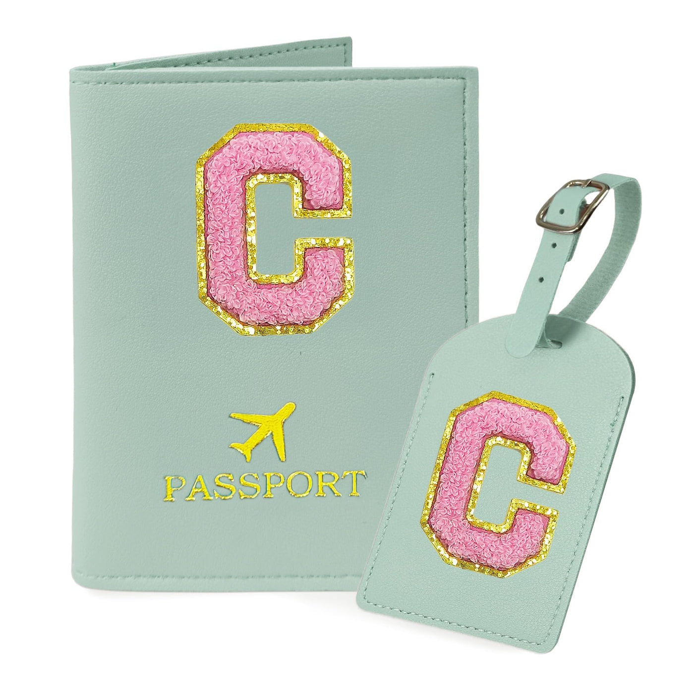 COSHAYSOO Purple Passport Cover Holder and Initial Luggage Tag Set TSA Approved with Personalized Monogram Chenille Letter Patch for Women Teen Girls, Cute Travel Bag Suitcase Identifier (A)