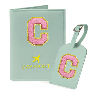 COSHAYSOO Purple Passport Cover Holder and Initial Luggage Tag Set TSA Approved with Personalized Monogram Chenille Letter Patch for Women Teen Girls, Cute Travel Bag Suitcase Identifier (A)