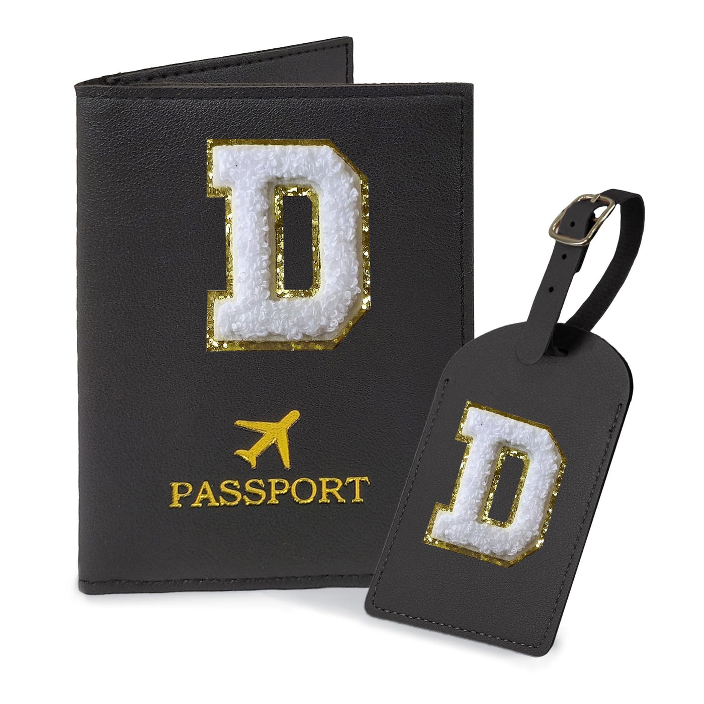 COSHAYSOO Purple Passport Cover Holder and Initial Luggage Tag Set TSA Approved with Personalized Monogram Chenille Letter Patch for Women Teen Girls, Cute Travel Bag Suitcase Identifier (A)