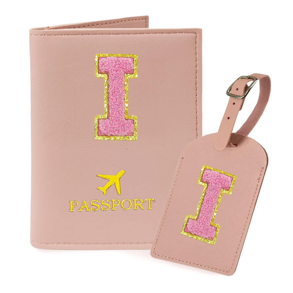 COSHAYSOO Purple Passport Cover Holder and Initial Luggage Tag Set TSA Approved with Personalized Monogram Chenille Letter Patch for Women Teen Girls, Cute Travel Bag Suitcase Identifier (A)