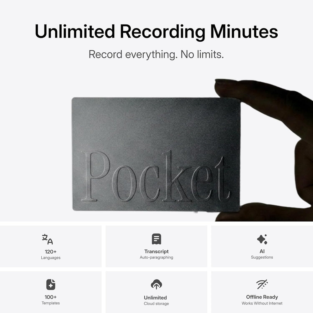 Pocket AI Voice Recorder & Smart Assistant – Auto Transcription, Summaries & Action Items – AI Note Taker for Meetings, Calls & Productivity - Space Grey