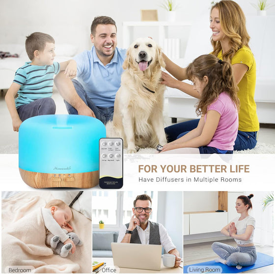 Homeweeks 300ml Essential Oil Diffuser, Quiet Aromatherapy Mist Diffusers for Essential Oils, Wood Grain, Ultrasonic, Remote Control, Timer, 7 Colors Light for Bedroom (300ml) - hover image