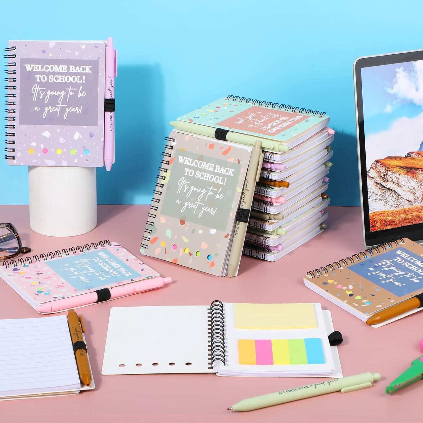 Dunzoom 40 Pcs Welcome Back to School Gifts Bulk Spiral Notebooks with Sticky Notes Motivational Pens First Day of School Notepads Party Favor for Teacher Student Classroom(Terrazzo Tones,Multicolor)