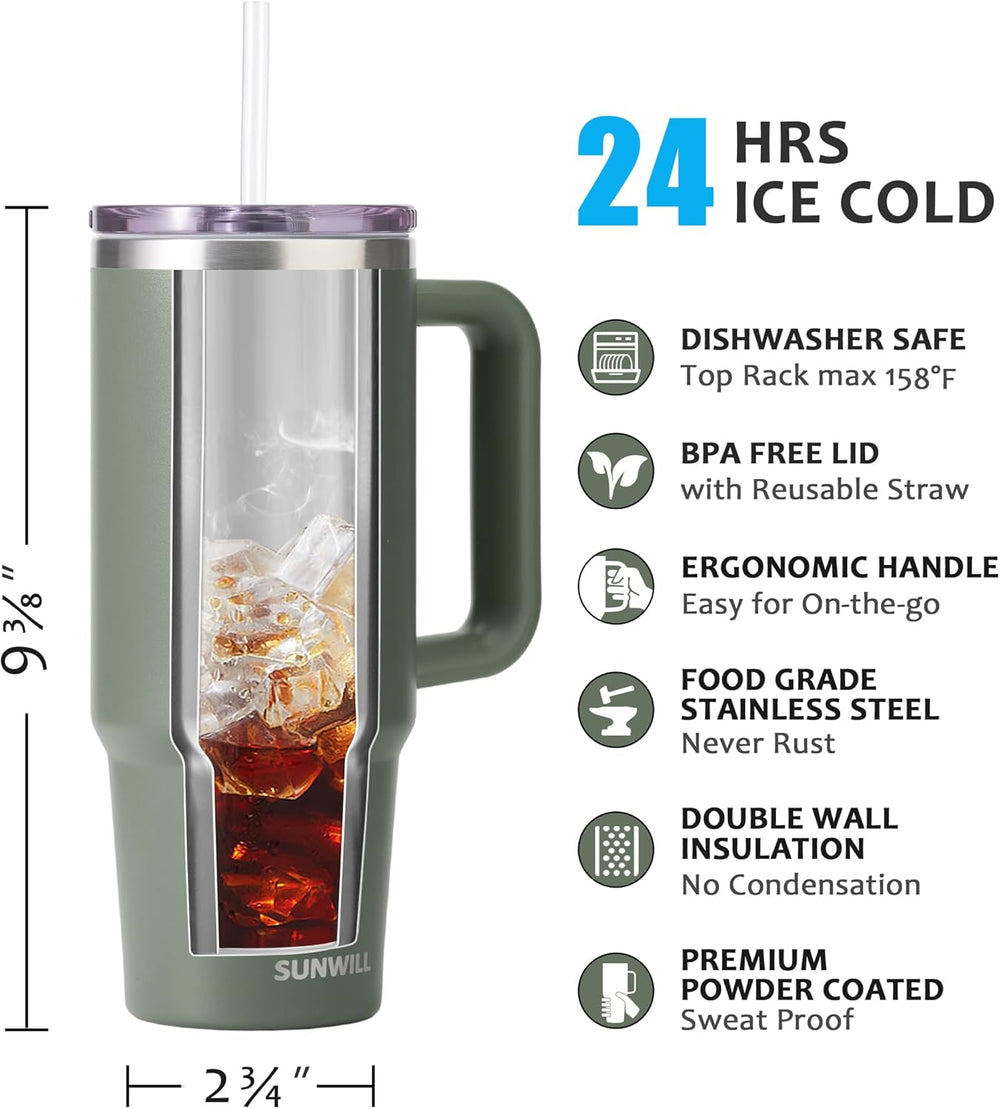 SUNWILL Insulated Coffee Tumbler with Handle, 30oz Stainless Steel Travel Mug with Straw, Spill Resistant Lid, Cup Holder Friendly, Powder Coated Camp Green
