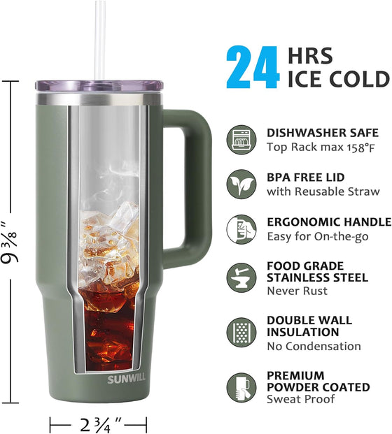 SUNWILL Insulated Coffee Tumbler with Handle, 30oz Stainless Steel Travel Mug with Straw, Spill Resistant Lid, Cup Holder Friendly, Powder Coated Camp Green - hover image