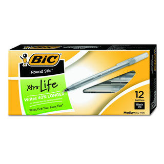 BIC Round Stic Xtra Life Black Ballpoint Pens, Medium Point (1.0mm), 12-Count Pack of Bulk Pens, Flexible Round Barrel for Writing Comfort, No. 1 Selling Ballpoint Pens