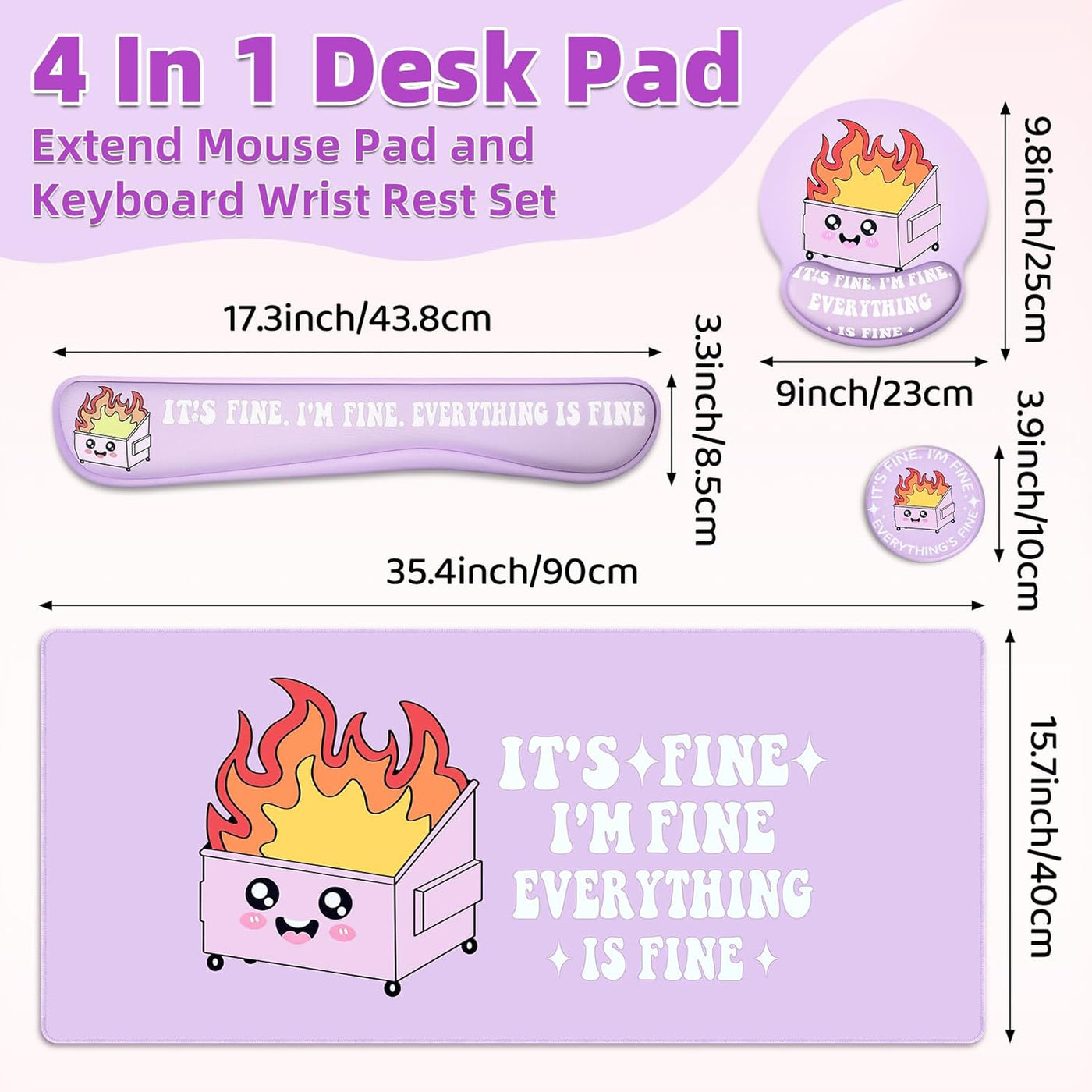 Kingdder 4 Pcs Dumpster Mouse Pad Kit Mouse Wrist Rest, Purple Funny Cute Fire Large Desk Mat, Keyboard Wrist Rest, Coaster, Ergonomic Desk Mat Gaming Work Home Office Accessories Supplies Decor