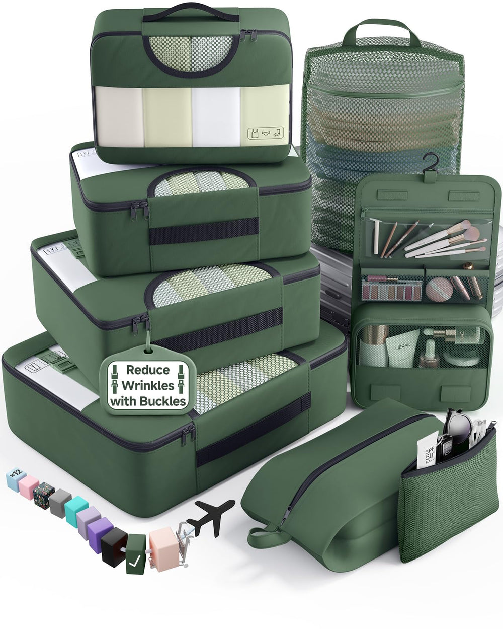 Veken 10 Set/8 Set Packing Cubes for Travel Essentials,Anti-Wrinkle Buckled Suitcase Organizer for Shoe & Toiletry Bag,Carry On Luggage Bag for Airplane & College Dorm Room Accessories,Women Men Gifts