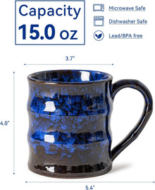 Dehua Artisan 15 oz Ceramic Coffee Mug with Large Handle, Unique Reactive Glaze Coffee Cup for WFH Office, Cozy Holiday Gift for Men Women, Blue