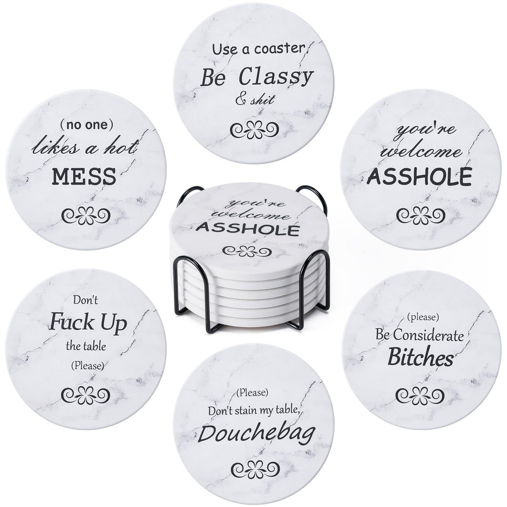 6Pcs Drink Coasters with Holder, Marble Style Ceramic Drink Coaster, Absorbent Coasters Set Suitable for Kinds of Cups, Modern Style Coaster for Coffee Table, 4 Inches