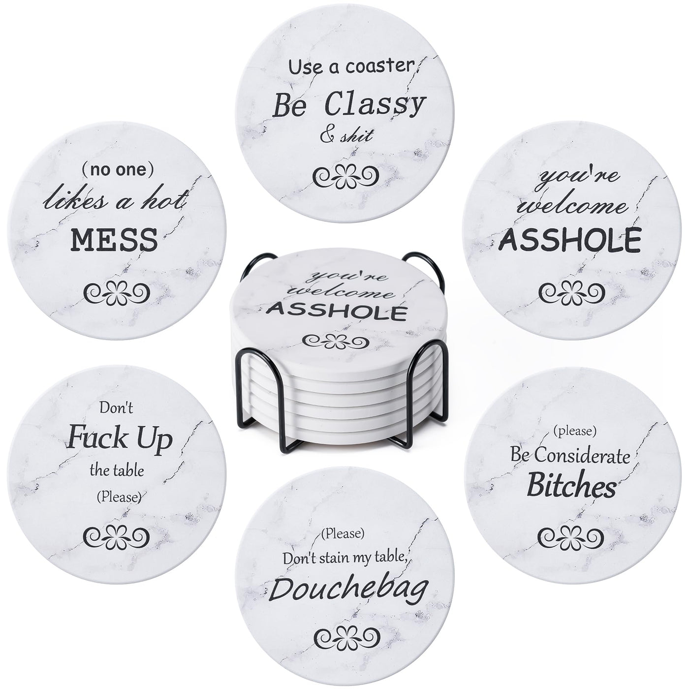 6Pcs Drink Coasters with Holder, Marble Style Ceramic Drink Coaster, Absorbent Coasters Set Suitable for Kinds of Cups, Modern Style Coaster for Coffee Table, 4 Inches