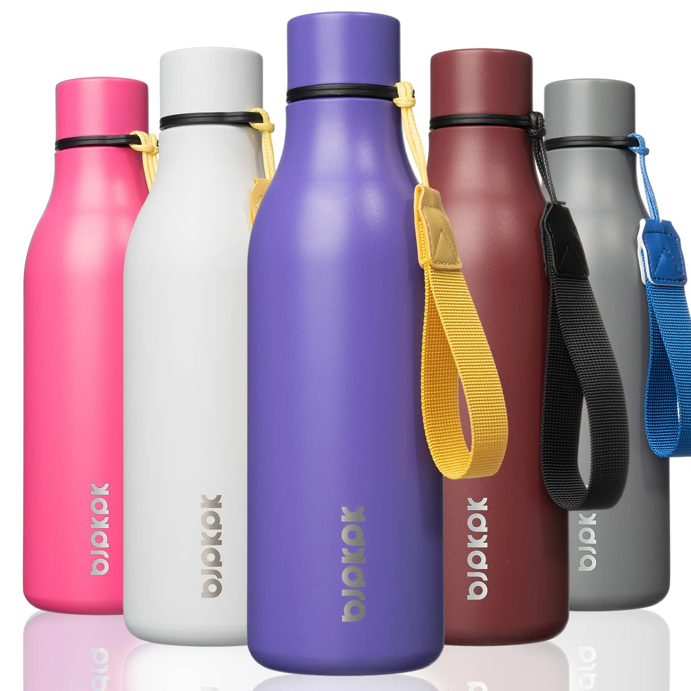 BJPKPK Insulated Water Bottles, 18 oz Stainless Steel Metal Water Bottle with Strap, BPA Free Leak Proof Jugs, Mugs, Flasks, Reusable Thermal Flasks for Sports & Travel, Orange