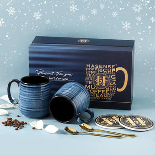 HASENSE Coffee Mugs Gift Set, 20 oz Ceramic Coffee Cups for Men and Women, Premium Large Tea Cups Gift Box with Coaster & Gold Spoon, Blue Couple Mugs for Wedding Holiday