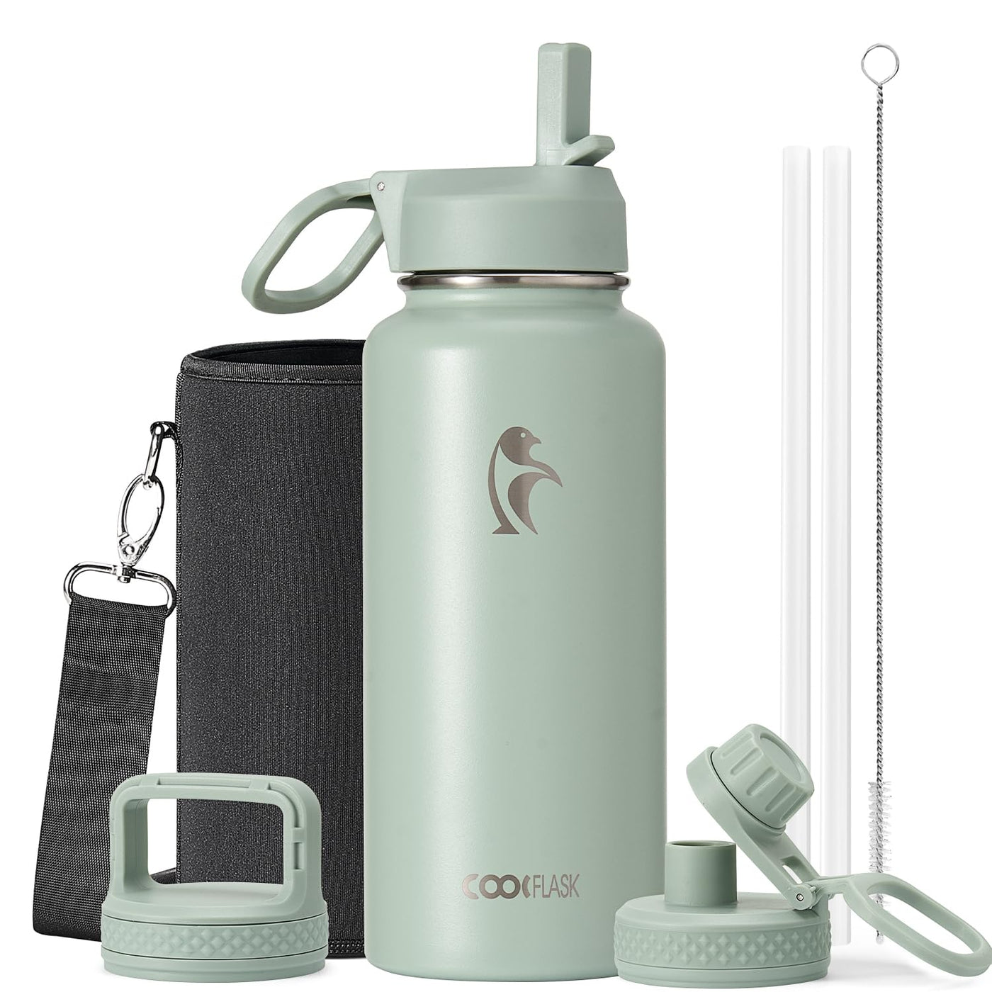 Water Bottle 40 oz Insulated with Straw&Brush, Coolflask Vaccum Stainless Steel Metal 3 Lids Water Flask for Sports, Gym or Office, Keep Cold 48H Hot 24H, Magic Black