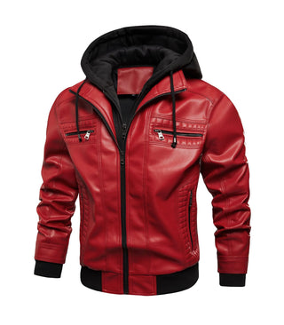 INVACHI Men's Leather Jacket Motorcycle Bomber Jacket Windproof PU Vintage Jacket with Removable Hood