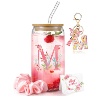 Personalized Initial Glass Cup Gift Set for Women, Custom Monogram Cup with Lid and Straw, Matching Keychain & Card, Bridesmaid or Birthday Gift for Women Friend Sister (Letter S)