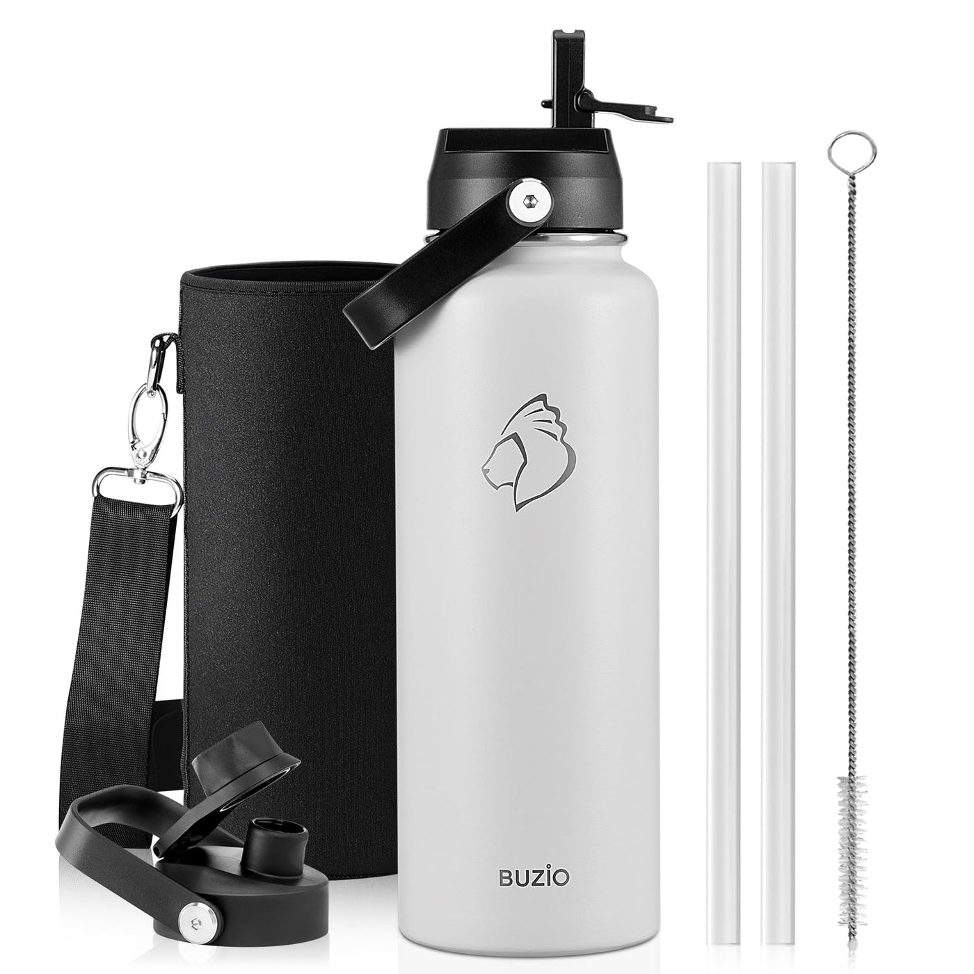 BUZIO 40oz Insulated Water Bottle, Triple Wall Vacuum Stainless Steel Water Flask with 2 lids, Lead-Free BPA-Free Straw Lid Sports Canteen Jug, Cold 48H & Hot 24H- Black