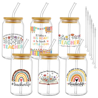 6Pcs Thank You Gifts Glass Cups with Lids and Straws 16oz Employee Appreciation Drinking Glasses Cups Thank You Iced Coffee Cup Tumbler Gifts for Employee Staff Coworkers Teachers Nurse