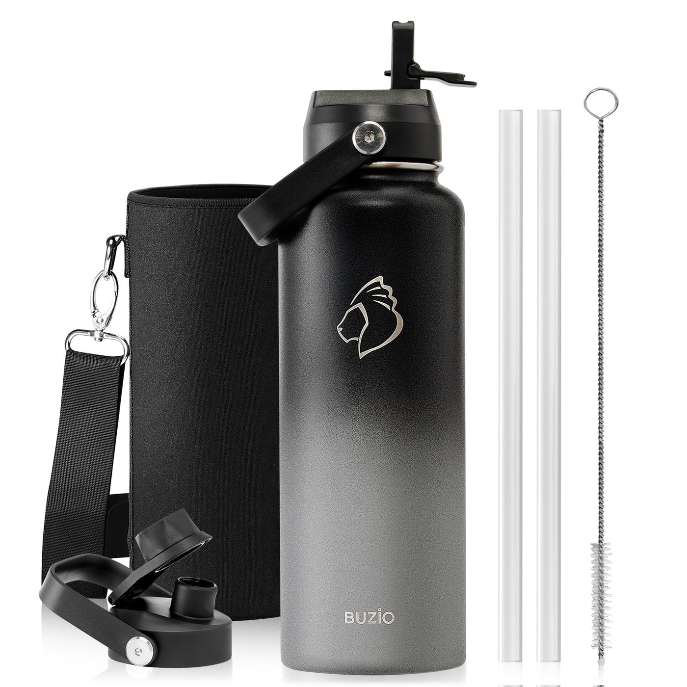 BUZIO 40oz Insulated Water Bottle, Triple Wall Vacuum Stainless Steel Water Flask with 2 lids, Lead-Free BPA-Free Straw Lid Sports Canteen Jug, Cold 48H & Hot 24H- Black