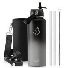 BUZIO 40oz Insulated Water Bottle, Triple Wall Vacuum Stainless Steel Water Flask with 2 lids, Lead-Free BPA-Free Straw Lid Sports Canteen Jug, Cold 48H & Hot 24H- Black