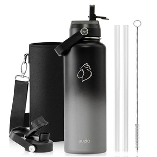 BUZIO 40oz Insulated Water Bottle, Triple Wall Vacuum Stainless Steel Water Flask with 2 lids, Lead-Free BPA-Free Straw Lid Sports Canteen Jug, Cold 48H & Hot 24H- Black