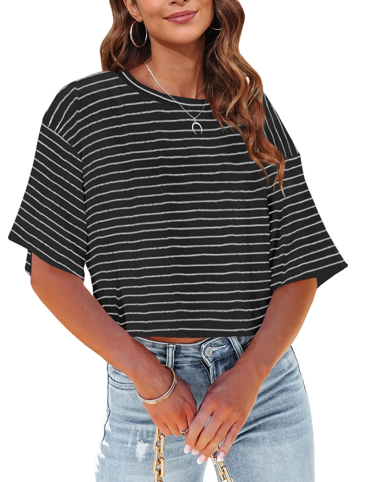 Tankaneo Women Half Sleeve Cropped T-Shirts Drop Shoulder Round Neck Crop Tops Casual Summer Solid Color Basic Tees