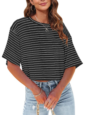 Tankaneo Women Half Sleeve Cropped T-Shirts Drop Shoulder Round Neck Crop Tops Casual Summer Solid Color Basic Tees