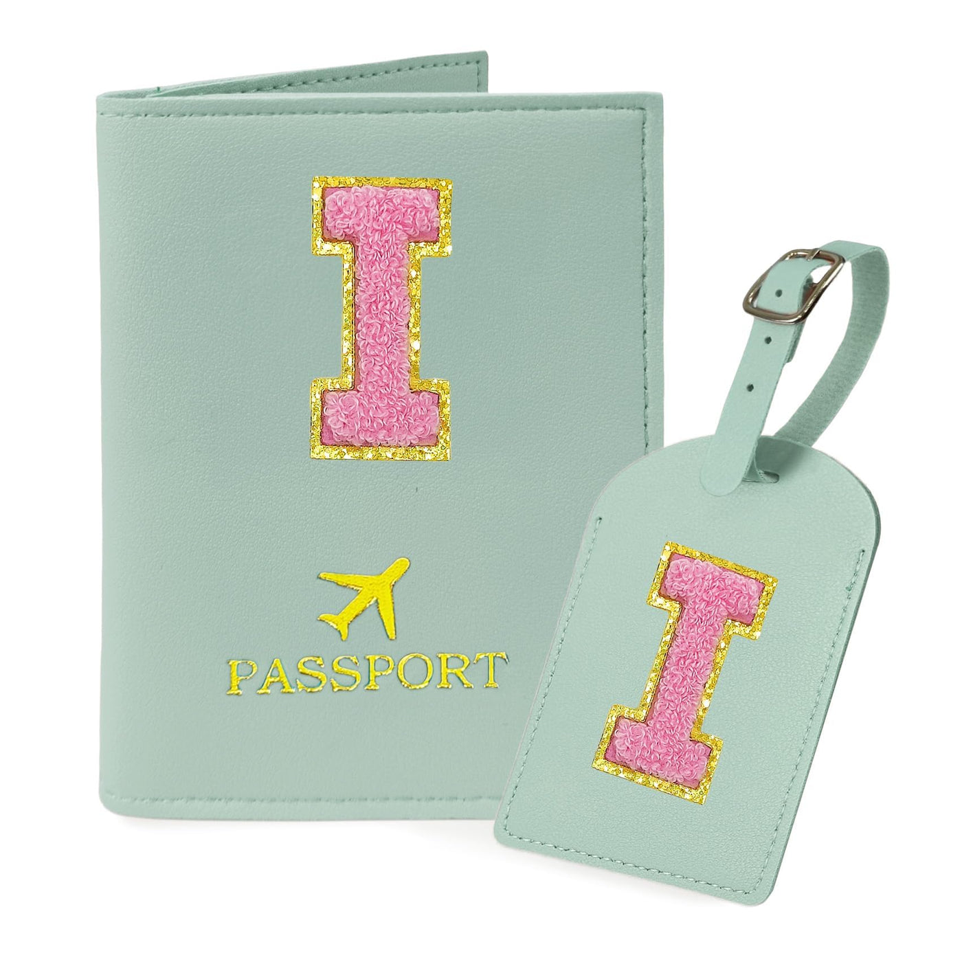 COSHAYSOO Purple Passport Cover Holder and Initial Luggage Tag Set TSA Approved with Personalized Monogram Chenille Letter Patch for Women Teen Girls, Cute Travel Bag Suitcase Identifier (A)