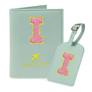 COSHAYSOO Purple Passport Cover Holder and Initial Luggage Tag Set TSA Approved with Personalized Monogram Chenille Letter Patch for Women Teen Girls, Cute Travel Bag Suitcase Identifier (A)