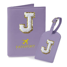 COSHAYSOO Purple Passport Cover Holder and Initial Luggage Tag Set TSA Approved with Personalized Monogram Chenille Letter Patch for Women Teen Girls, Cute Travel Bag Suitcase Identifier (A)