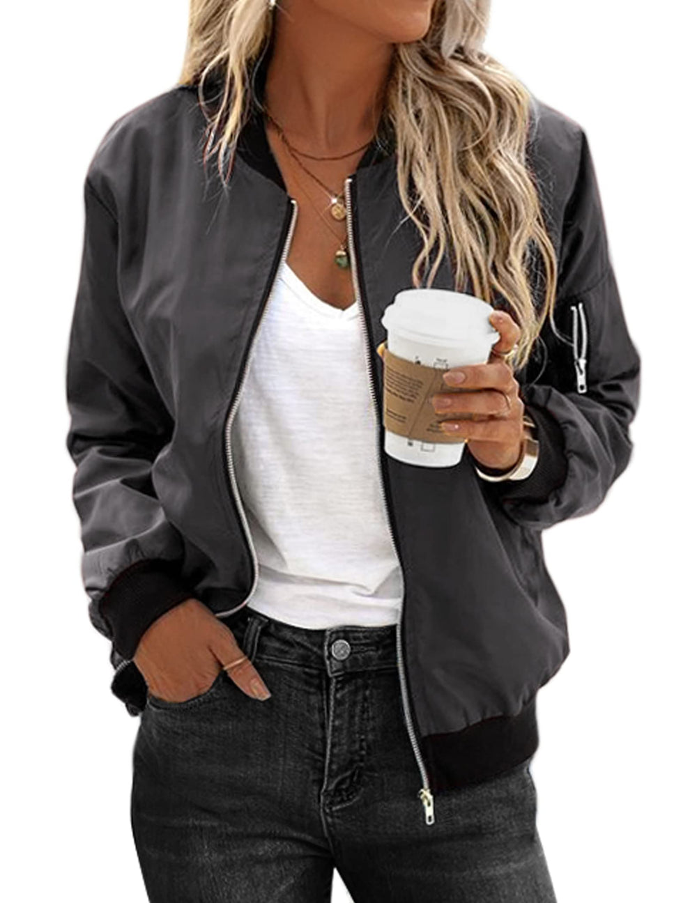 Zeagoo Women's Bomber Jacket Casual Coat Zip Up Spring Fall Clothes with Pockets S-XXL