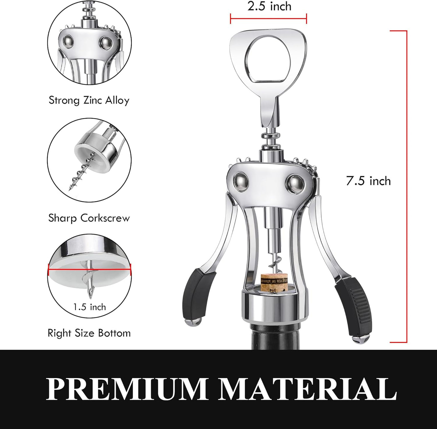 KORCCI Wine Opener, Heavy-Duty Zinc Alloy Wing Corkscrew, Premium Beer Bottle Opener, Multifunctional Wine Accessories with Ergonomic Handle and Sharp Screw, for Kitchen, Bar, Restaurant (SILVER)