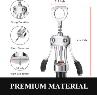 KORCCI Wine Opener, Heavy-Duty Zinc Alloy Wing Corkscrew, Premium Beer Bottle Opener, Multifunctional Wine Accessories with Ergonomic Handle and Sharp Screw, for Kitchen, Bar, Restaurant (SILVER)