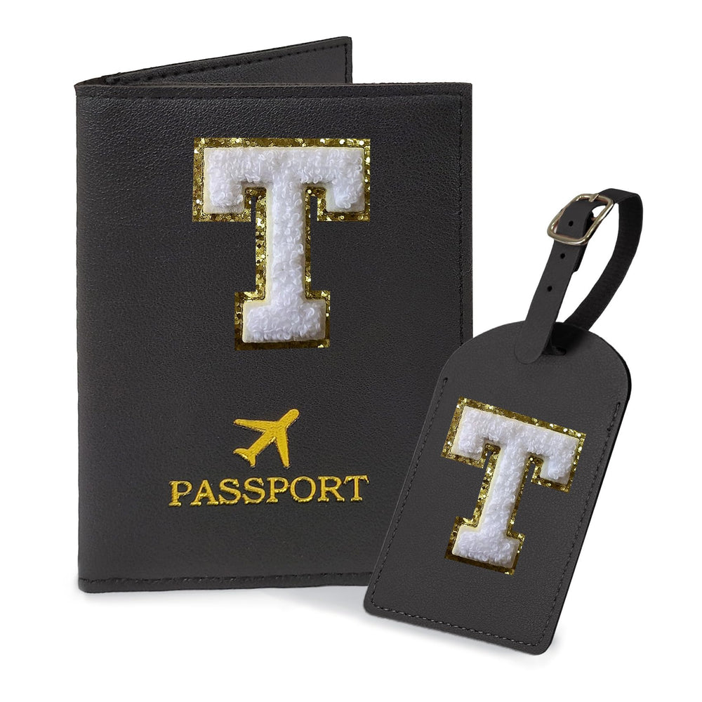 COSHAYSOO Purple Passport Cover Holder and Initial Luggage Tag Set TSA Approved with Personalized Monogram Chenille Letter Patch for Women Teen Girls, Cute Travel Bag Suitcase Identifier (A)