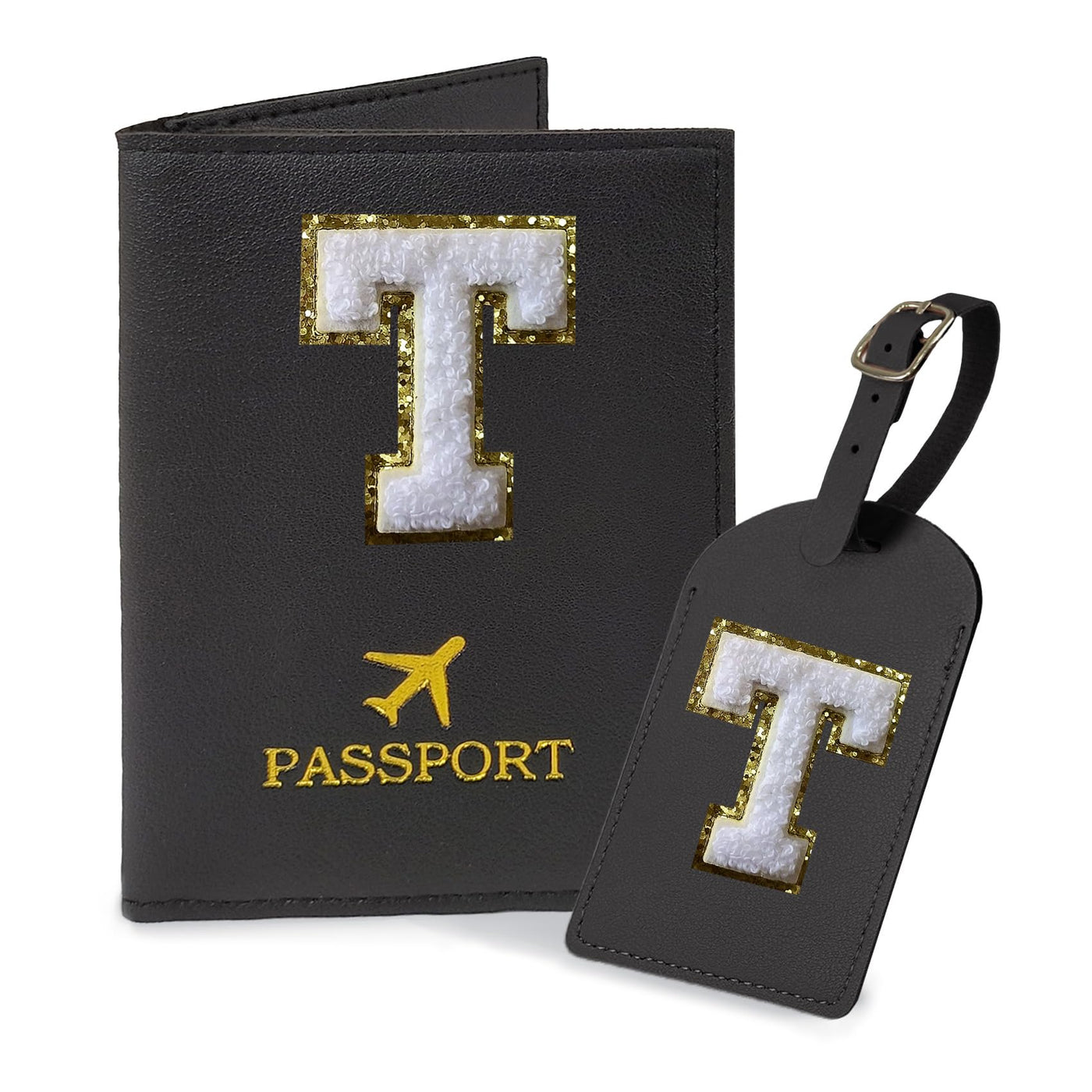 COSHAYSOO Purple Passport Cover Holder and Initial Luggage Tag Set TSA Approved with Personalized Monogram Chenille Letter Patch for Women Teen Girls, Cute Travel Bag Suitcase Identifier (A)