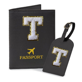 COSHAYSOO Purple Passport Cover Holder and Initial Luggage Tag Set TSA Approved with Personalized Monogram Chenille Letter Patch for Women Teen Girls, Cute Travel Bag Suitcase Identifier (A)