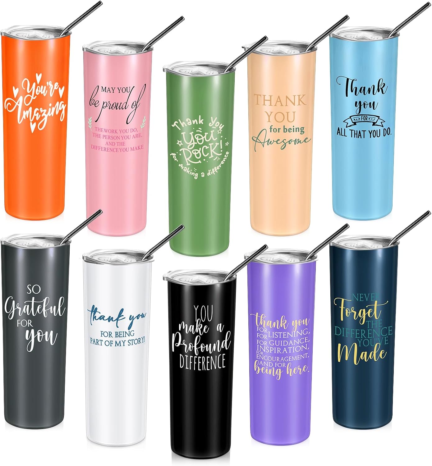 Amyhill 10 Pack Thank You Cup Teacher Appreciation Gifts Thanks Tumbler 20 oz Inspirational Stainless Steel Mug with Lids for Women Coworker Employee Nurse Assistant End of Year Teacher Gifts