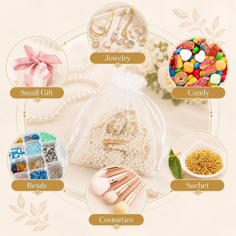 ANZNKU 50 Pack Organza Bags 5 x 7 in White Small Mesh Gift Bags Bulk Drawstring for Wedding Party Favors, Little Goodie Bag for Candy Jewelry Soap Makeup, Treat Sachet Pouch for Baby Shower Graduation