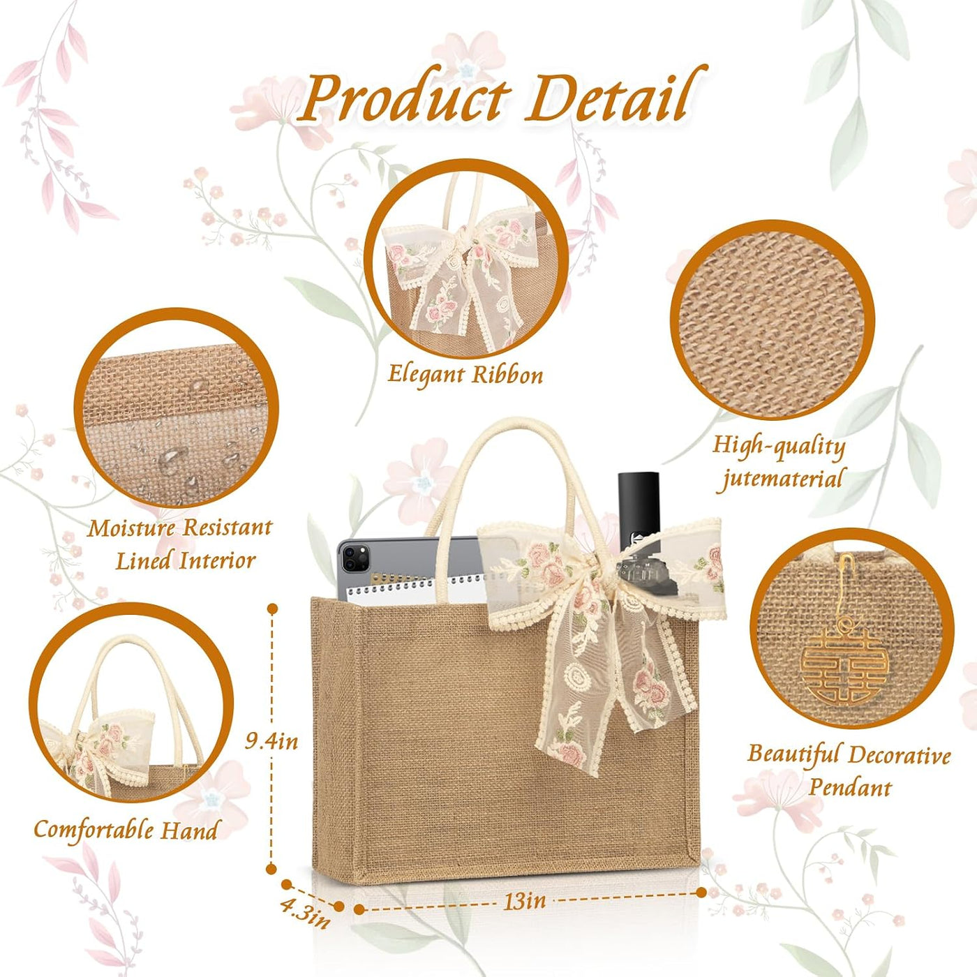 Burlap Jute Tote Bags with PE Lined Water-Resistant Interior, 13x9x5 Inch Reusable Bag for Beach,Shopping, Bridesmaid Gift