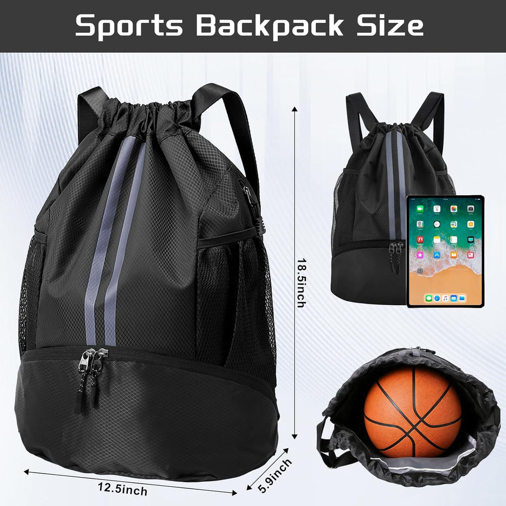 Sports Drawstring Backpack with Shoes Compartment, String Gym Bag with Wet Proof Pocket for Basketball, Soccer, Swim, Black Sport Bag for Men and Women