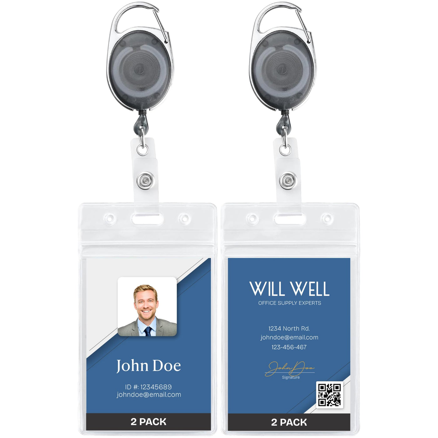 Will Well ID Badge Holders with Clip and Keyring - Vertical Clear Plastic 2.52" x 3.58" Sleeves Fit Up to 3 Cards - Retractable 24" UHMWPE Fiber Pull Cords for Easy Access - 2-Pack, Black Reels