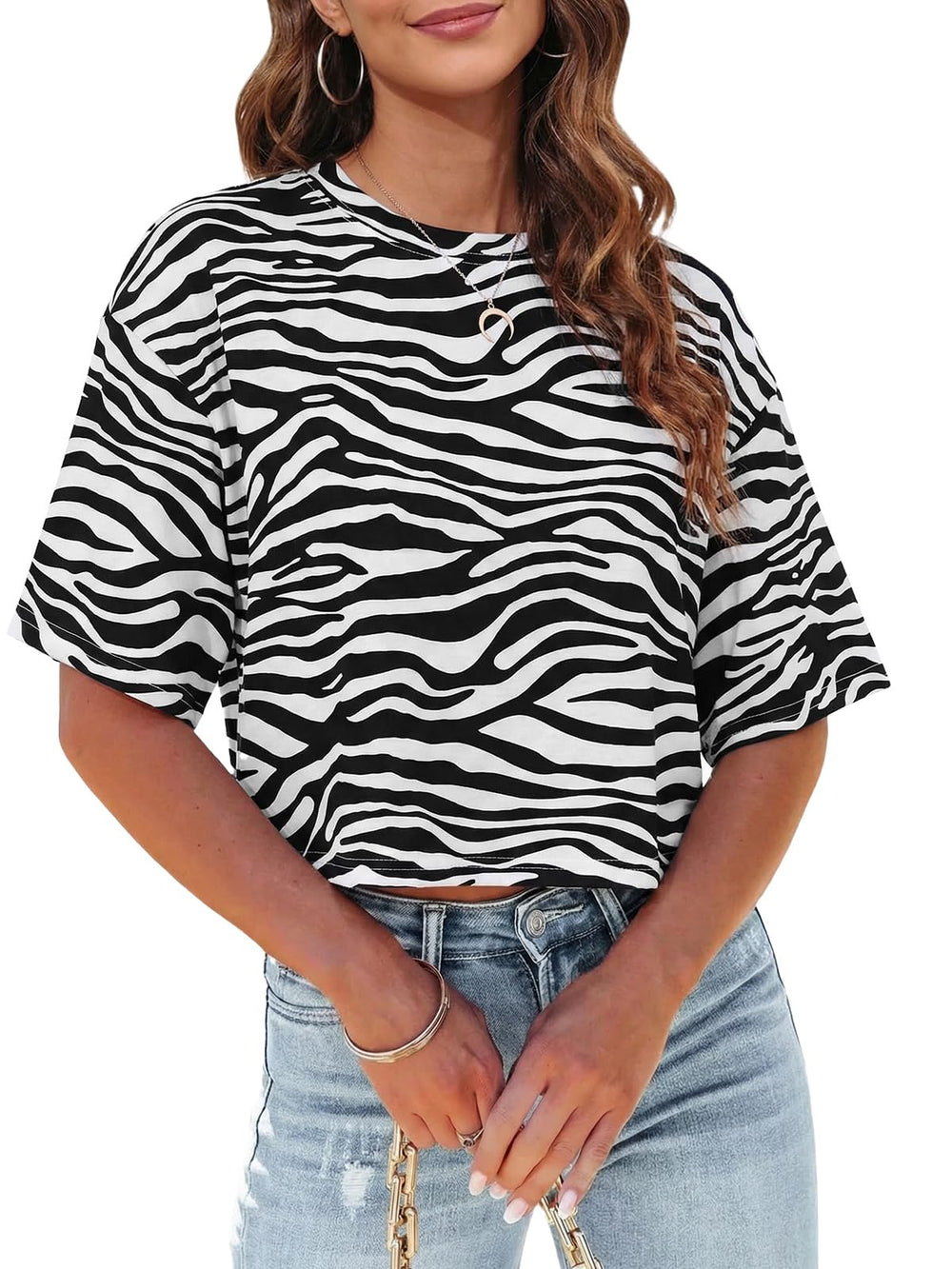 Tankaneo Women Half Sleeve Cropped T-Shirts Drop Shoulder Round Neck Crop Tops Casual Summer Solid Color Basic Tees
